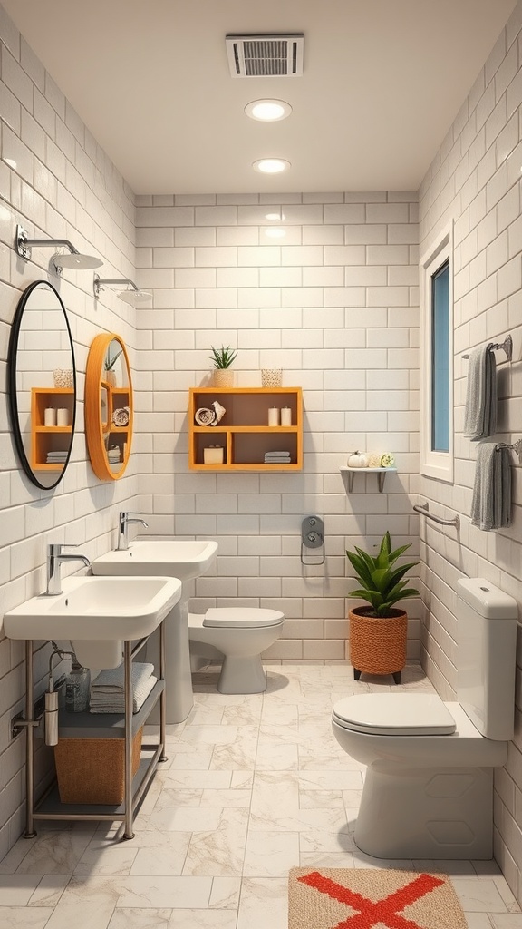 A modern family bathroom featuring dual sinks, gray and white tiles, vibrant orange shelving, and potted plants.