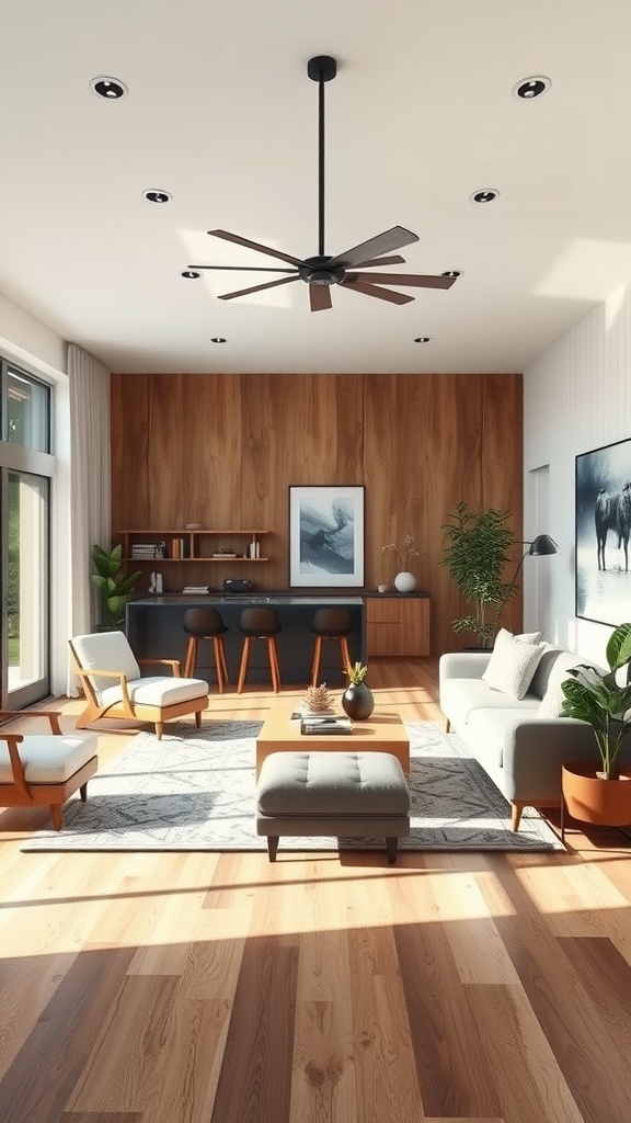 A bright and spacious mid century modern living room featuring comfortable seating, a stylish coffee table, and wooden accents.
