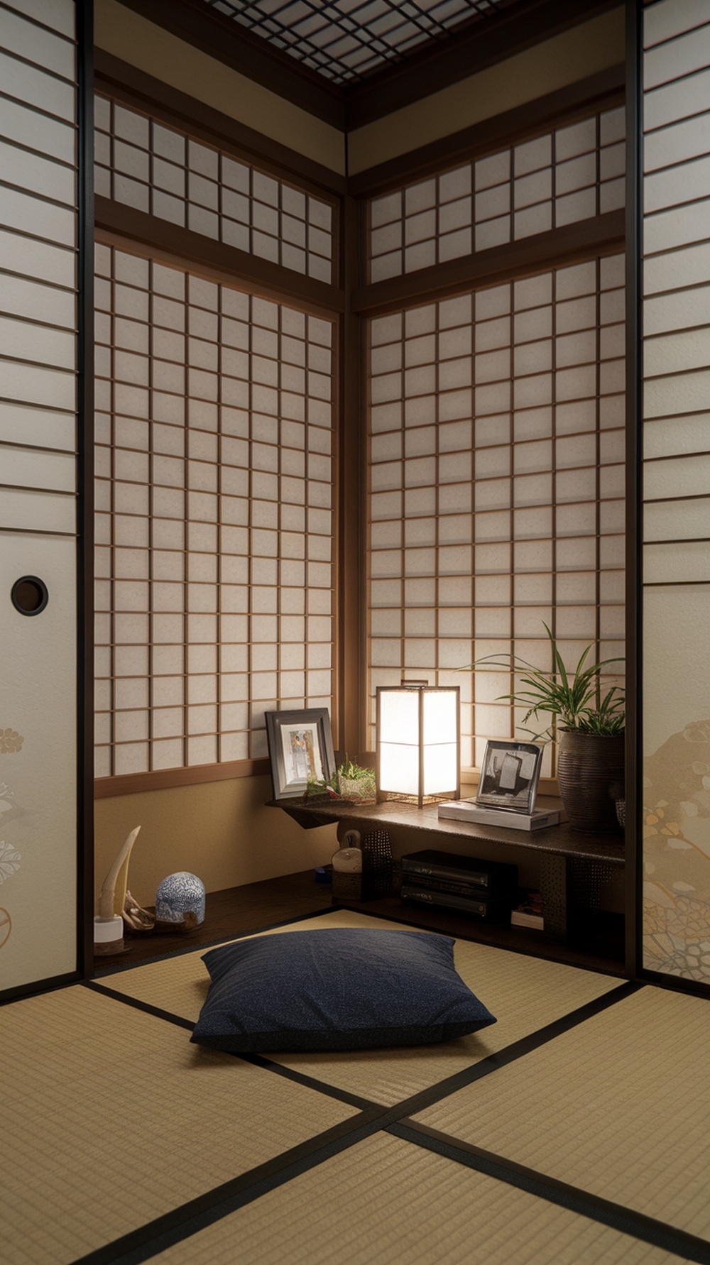 A cozy nook in a Japanese themed bedroom featuring soft lighting, a low table, and a comfortable cushion.