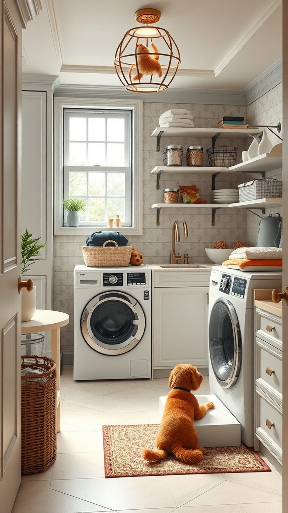 An elegant laundry room with a dog sitting on a mat, featuring modern appliances and stylish storage.