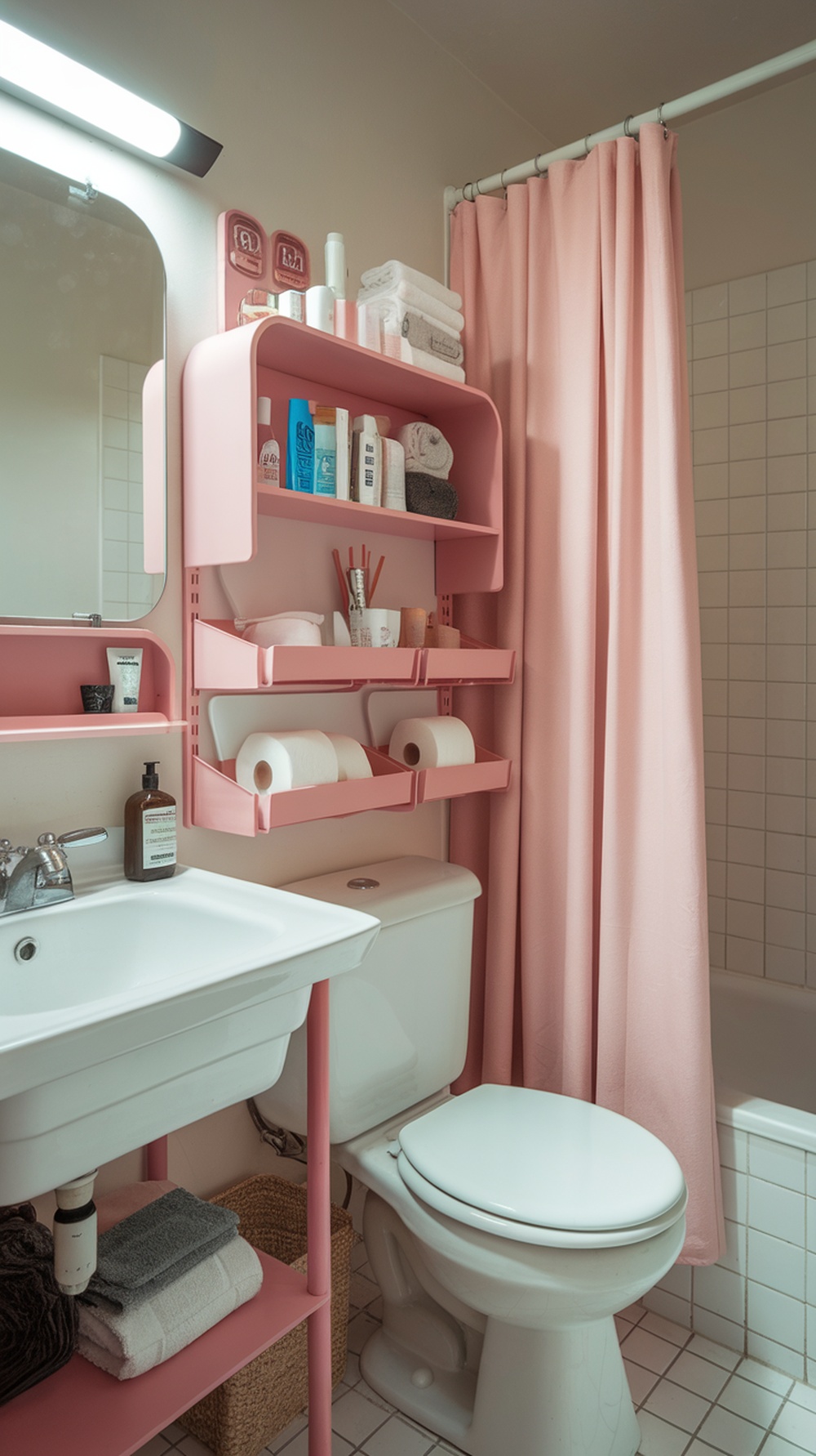 A pink bathroom featuring organized shelves, a white sink, and a pink shower curtain.