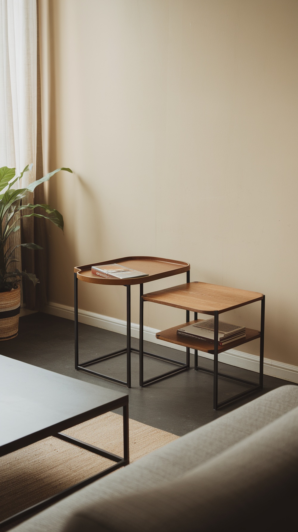 Two modern wooden side tables with a minimalist design in a small apartment living room