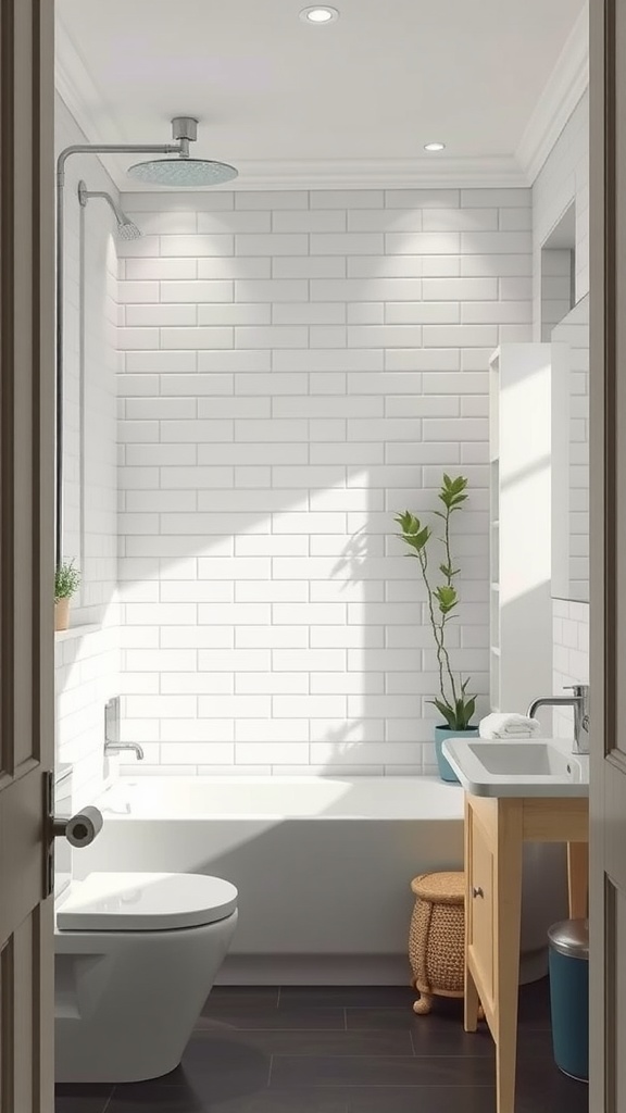 A Scandinavian style bathroom featuring white subway tiles, a bathtub, and plants for decor.