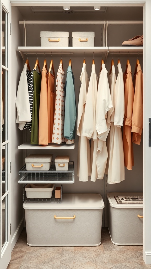 Organized wardrobe featuring hanging clothes, storage boxes, and modern design elements.
