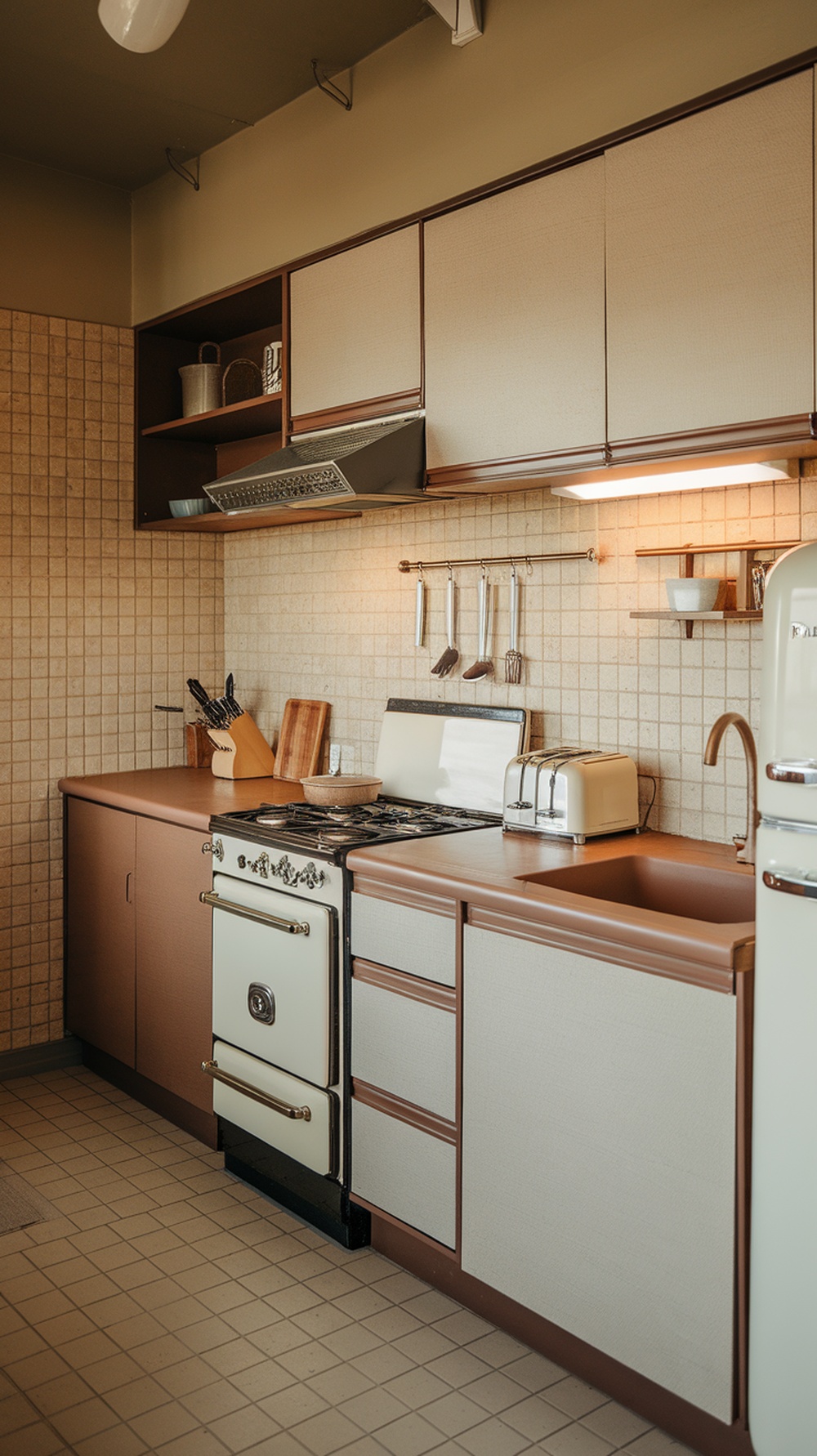 A mid century modern kitchen featuring brown and cream cabinets, vintage stove, and open shelving.