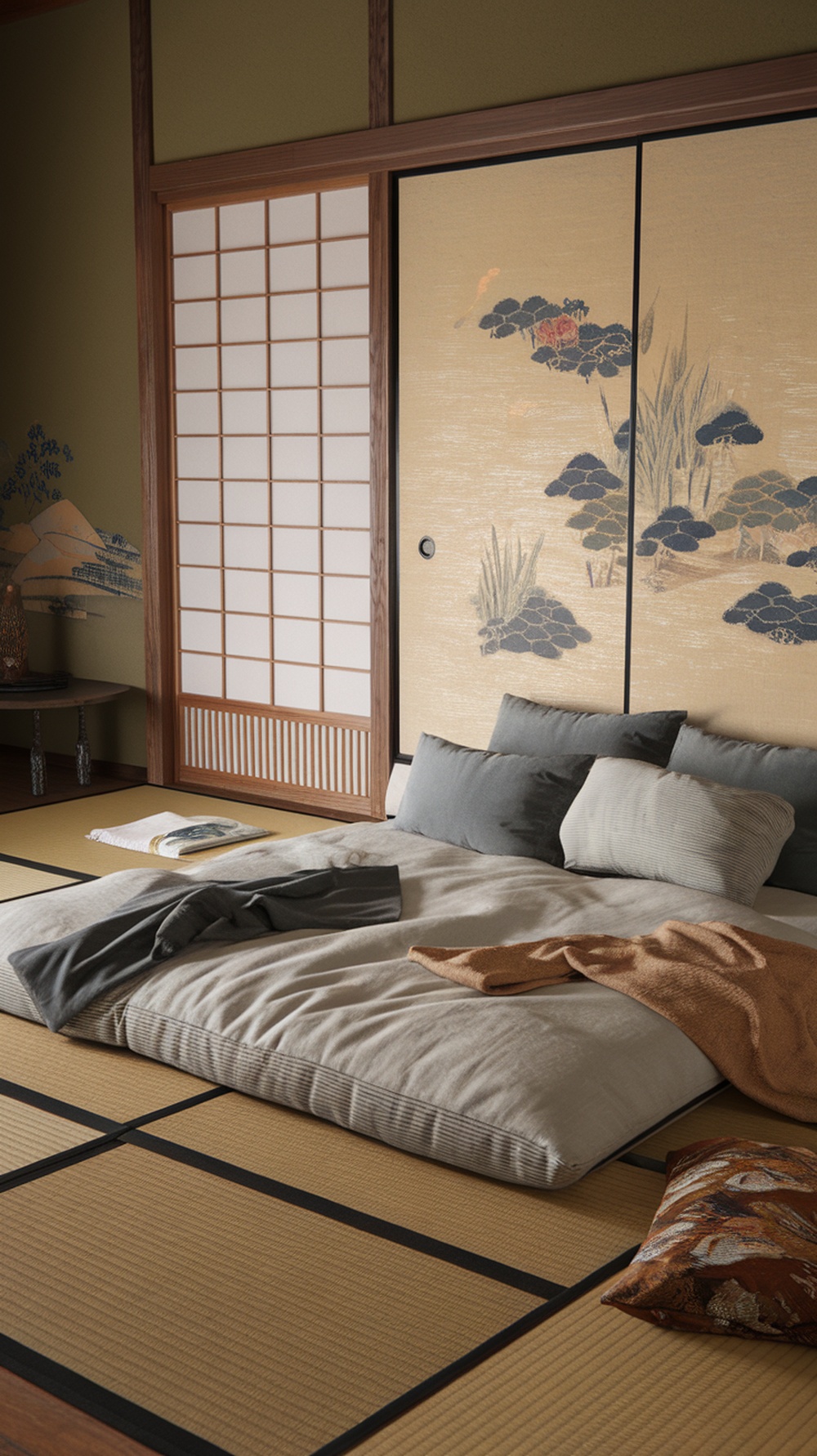 A beautiful Japanese bedroom with futon bedding on tatami mats, featuring soft pillows and a cozy blanket, surrounded by shoji doors.