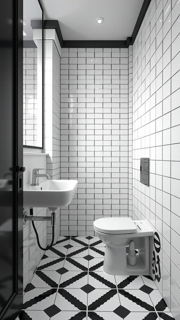 Modern bathroom featuring geometric patterned floor tiles and white wall tiles.