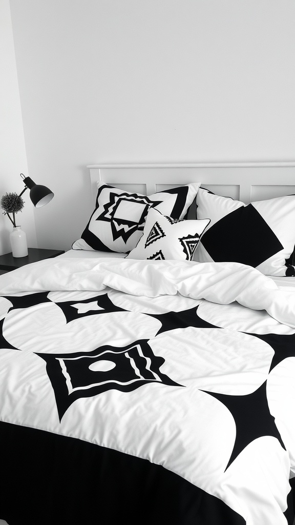 A black and white bedding set featuring geometric patterns on a bed with a simple white headboard.