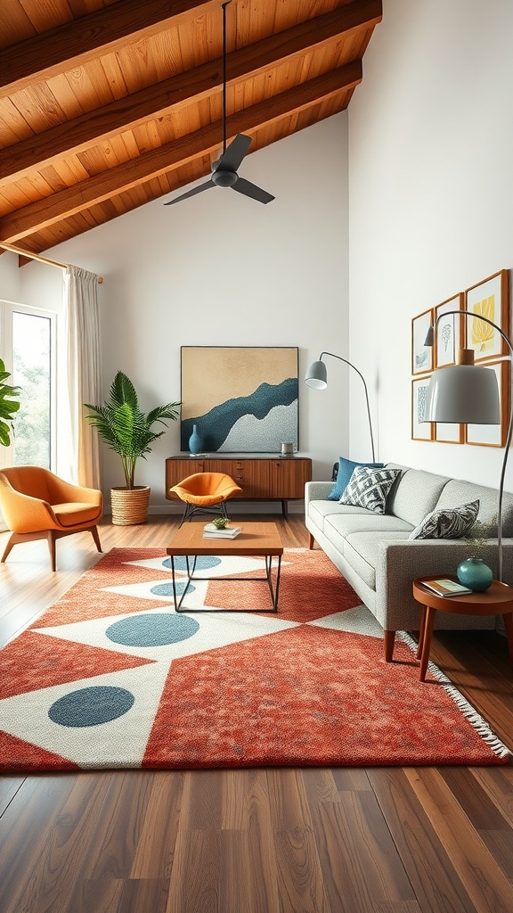 A Mid Century Modern Living Room featuring a geometric patterned rug in warm colors.