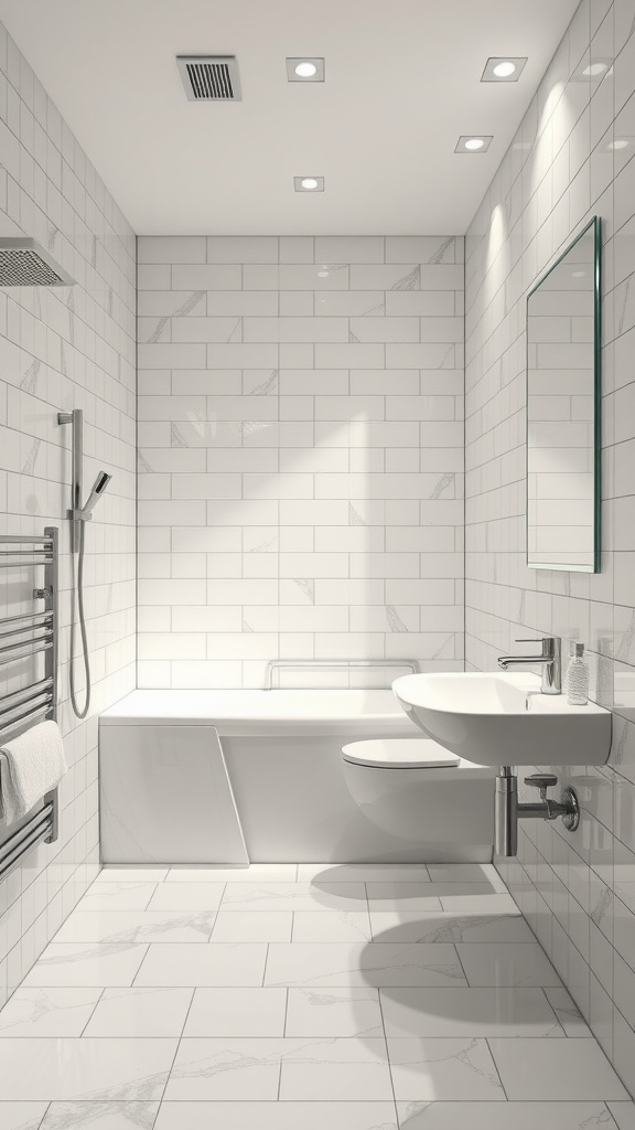 Modern bathroom with glazed tiles on walls and floor, featuring a bathtub and sink.