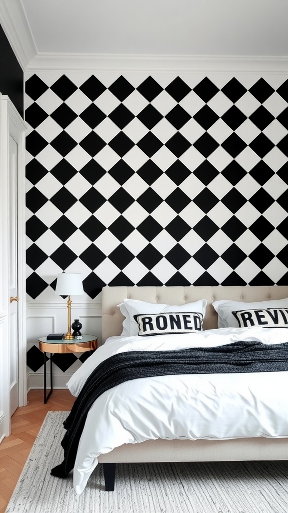 A stylish black and white bedroom featuring a diamond pattern wallpaper, a cozy bed with decorative pillows, and a nightstand with a lamp.