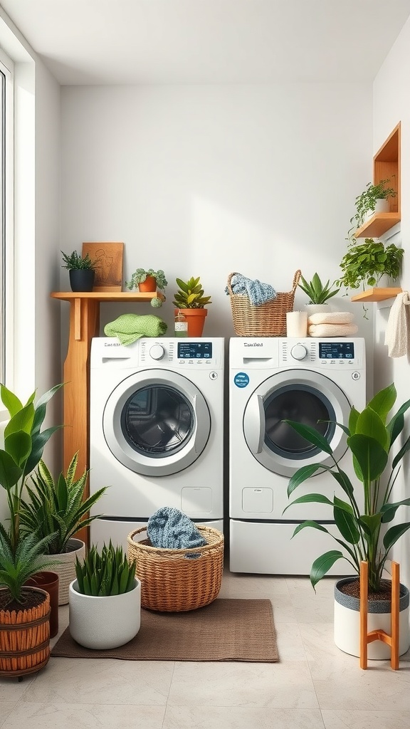 A bright laundry room featuring modern appliances, potted plants, and natural decor.