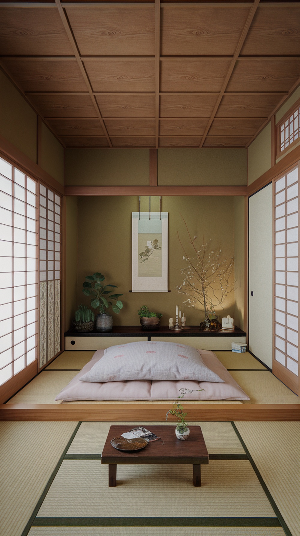 A serene Japanese bedroom featuring soft colors, natural wood elements, and a cozy atmosphere.