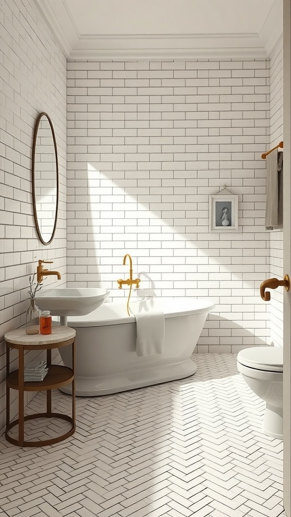 A stylish bathroom featuring herringbone tile layout on the floor with white subway tiles on the walls, a freestanding bathtub, and golden fixtures.