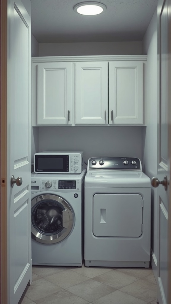 A compact laundry room featuring a washer, dryer, and white cabinets, showcasing smart storage solutions