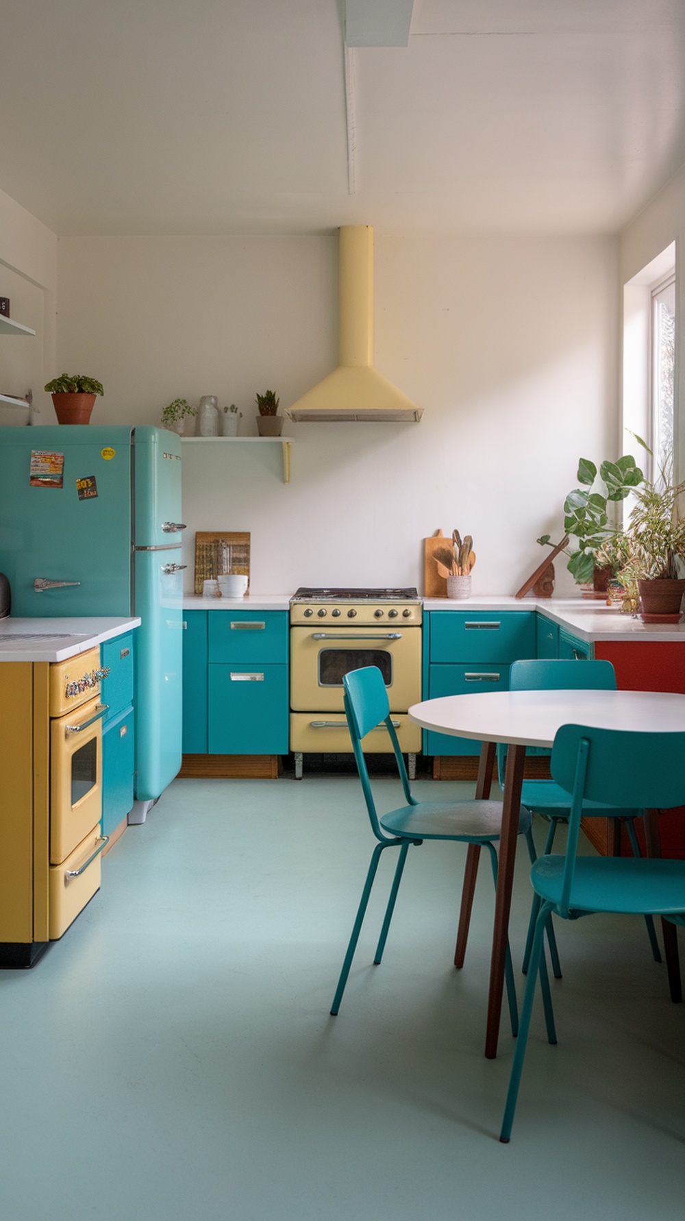 A mid century modern kitchen featuring turquoise cabinets and yellow accents, showcasing vibrant colors and retro appliances.