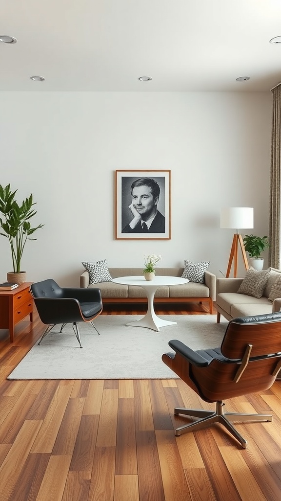A mid century modern living room featuring iconic furniture pieces.