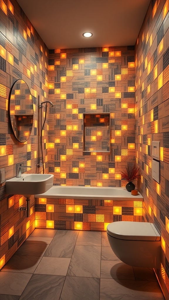 A modern bathroom featuring illuminated tiles that create a cozy glow on the walls.