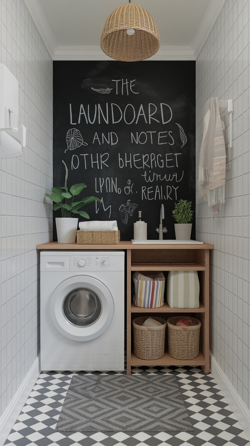 Small laundry room with a chalkboard wall, featuring a washing machine, wooden shelf, and decorative plants.