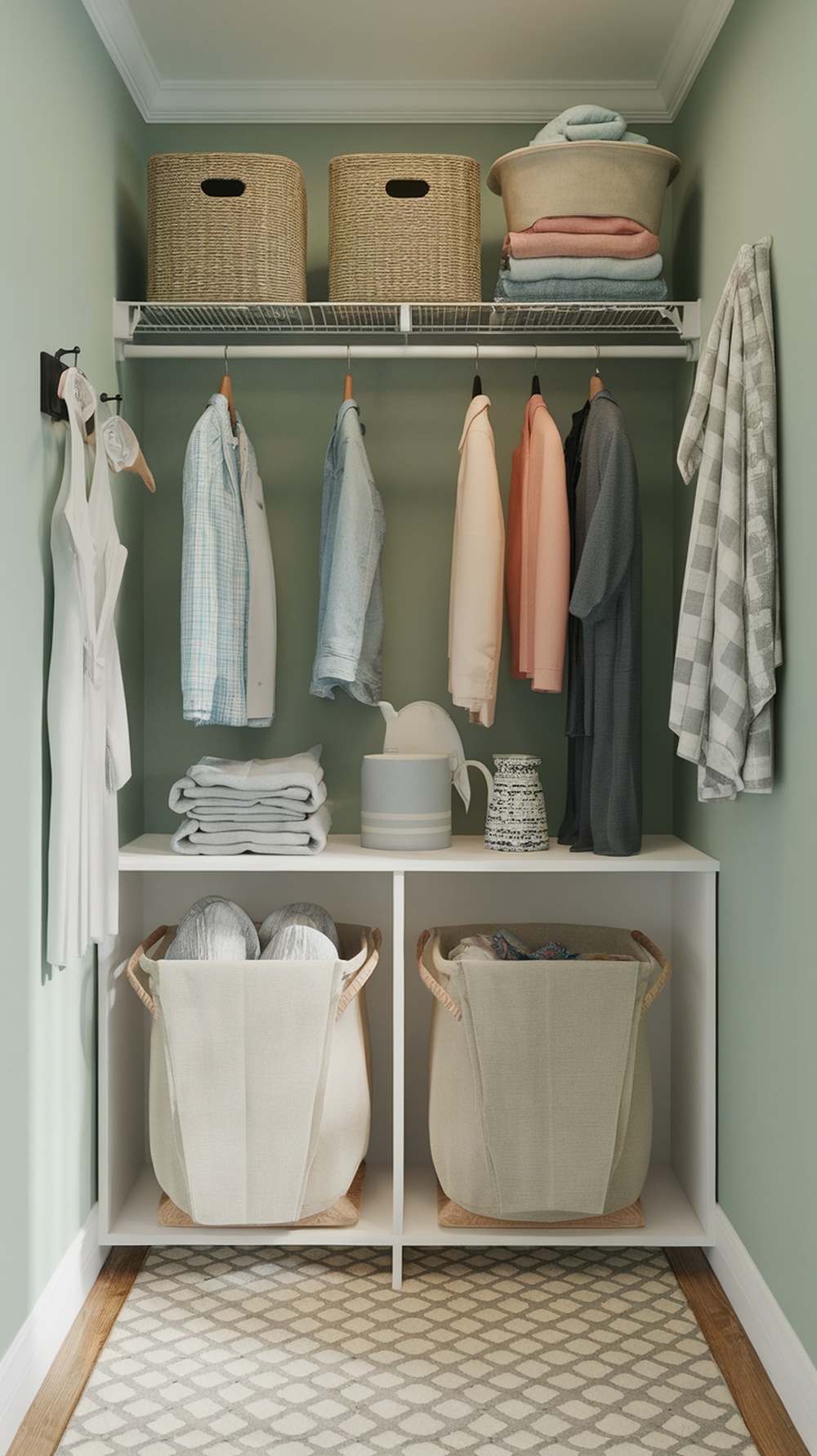 A well-organized small laundry room featuring hampers for clothes, shelves for storage, and a soft area rug.