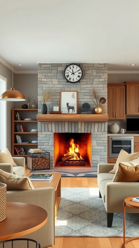 Cozy fireplace in an open kitchen and living room with stone and wooden accents.