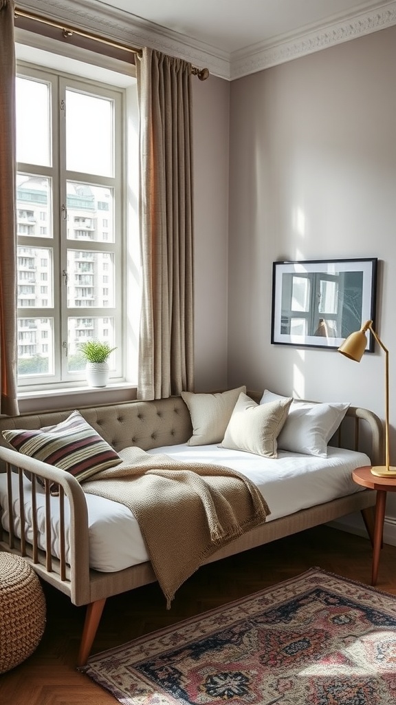 Cozy small bedroom featuring a stylish daybed with soft linens, natural light, and warm colors