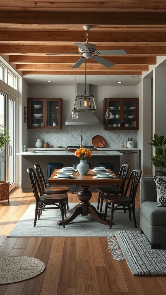 A cozy dining nook in an open kitchen and living room, featuring a wooden table, chairs, and a vase of flowers.