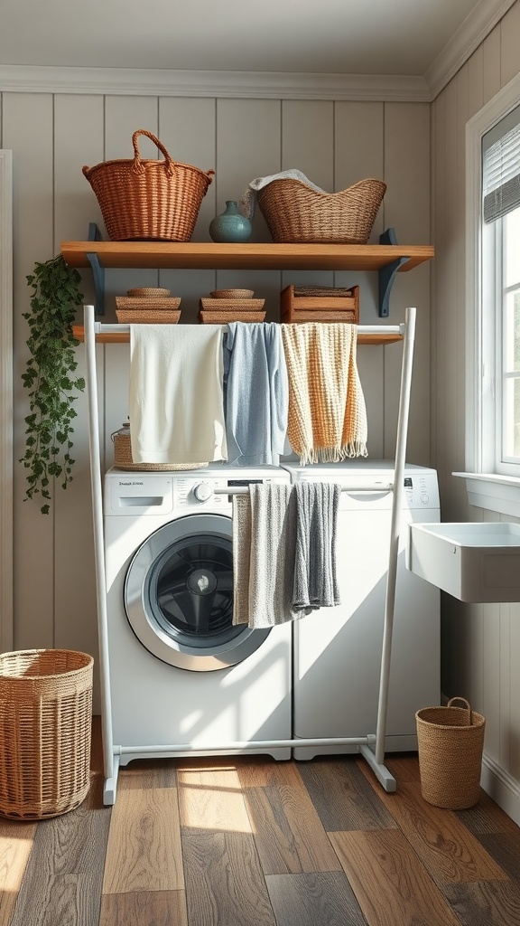 A stylish farmhouse laundry room featuring a drying rack, washing machine, and baskets.