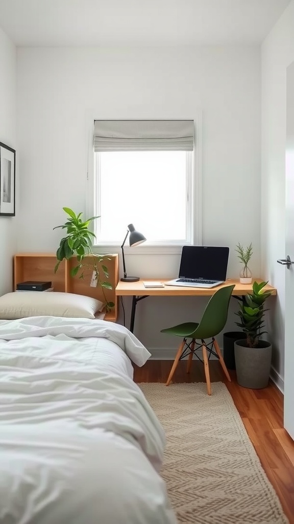 Cozy small bedroom featuring a foldable desk by the window with plants.