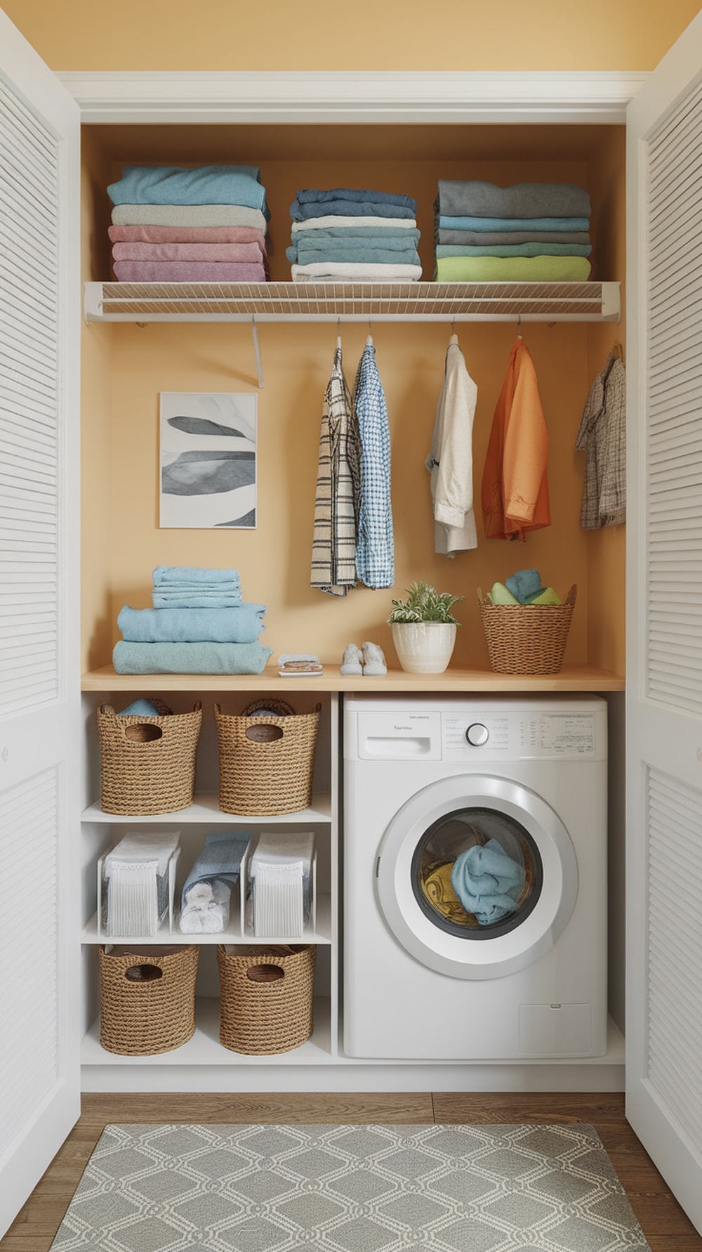 A compact laundry room with a folding station, neatly organized towels, and storage baskets.
