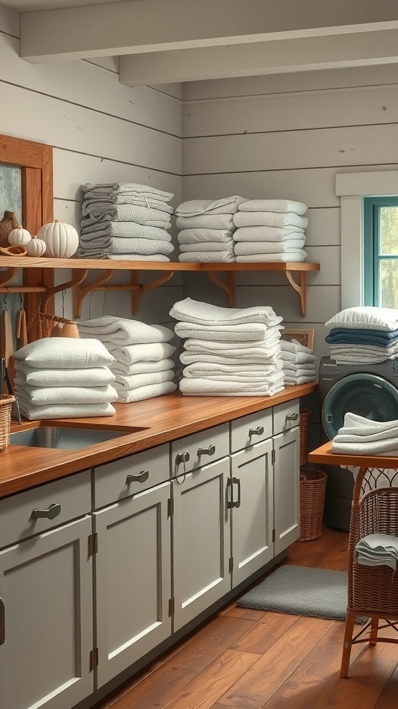 A cozy farmhouse laundry room featuring a folding station with neatly stacked towels and warm wood accents.