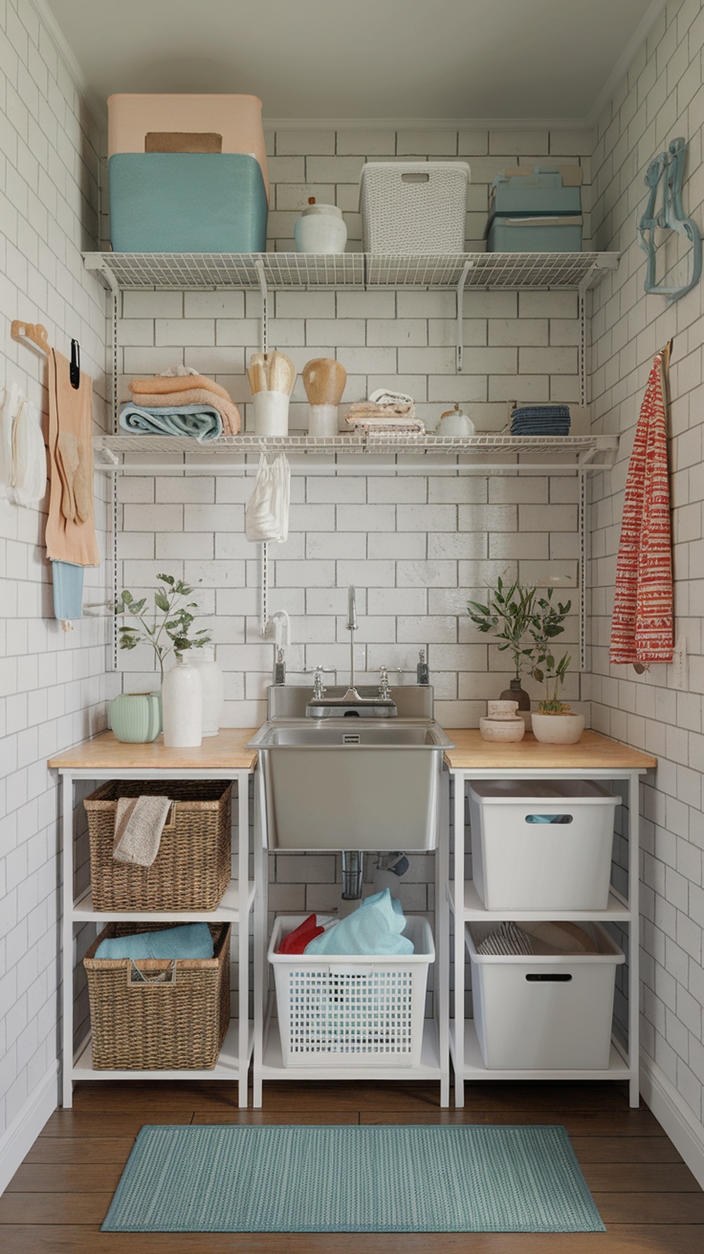 A small laundry room featuring a utility sink, shelves with storage, and organized baskets.