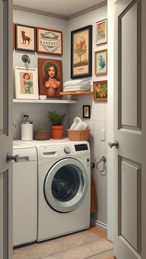 A small laundry room with framed art on the walls and a washing machine