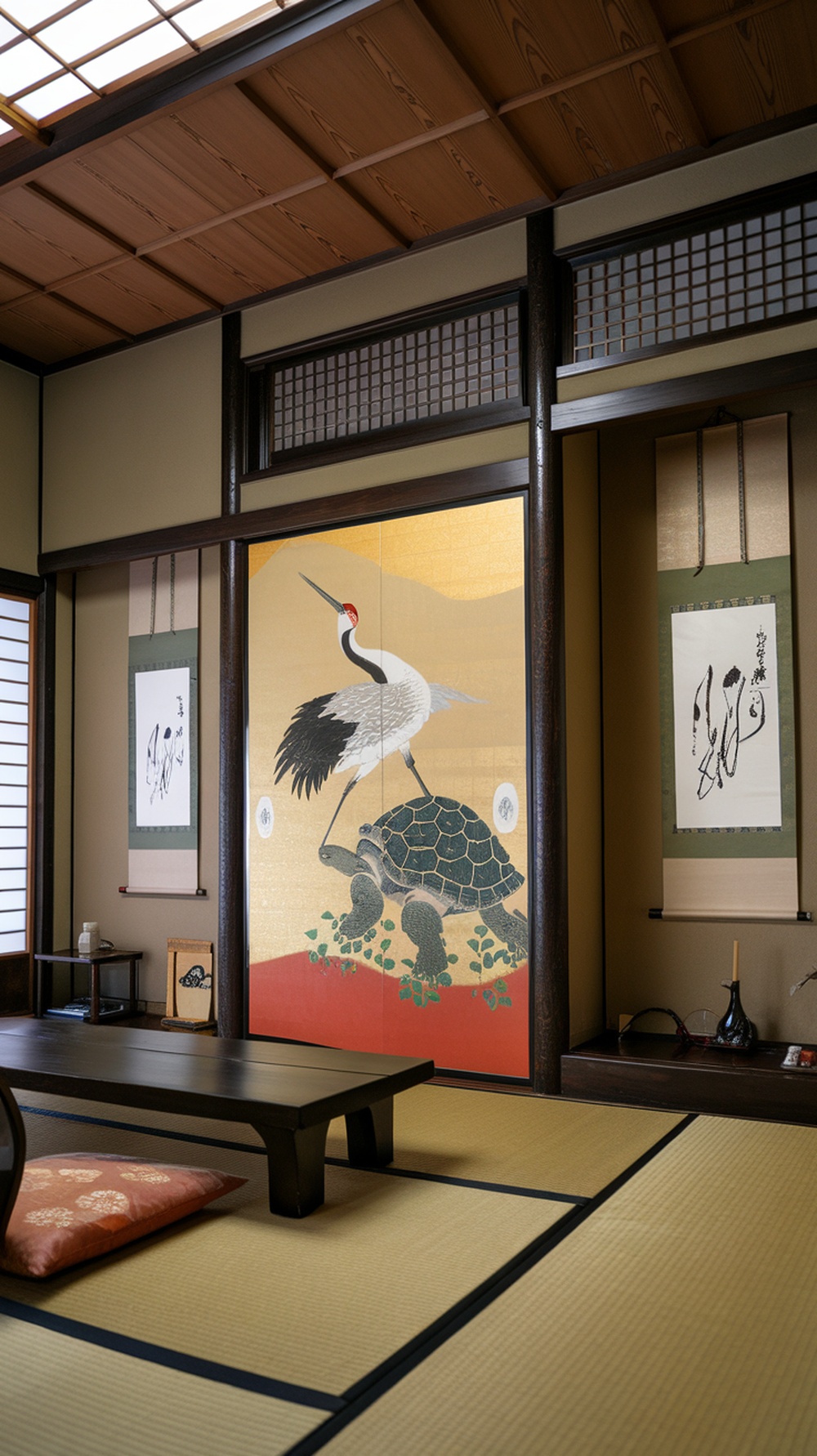 Traditional Japanese bedroom with artwork featuring a crane and turtle, and hanging calligraphy scrolls.