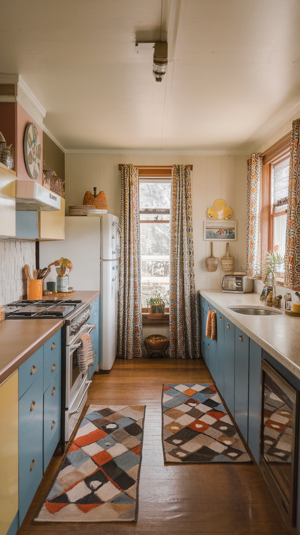 A colorful Mid Century Inspired Kitchen with patterned curtains and rugs.
