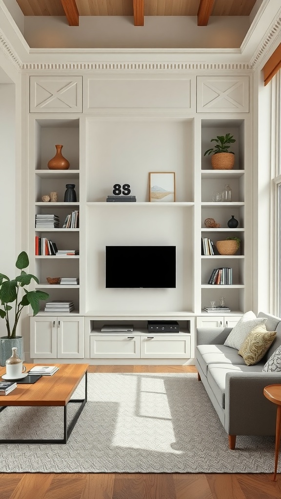 Stylish living room with built-in shelves, a TV, and a cozy seating arrangement.