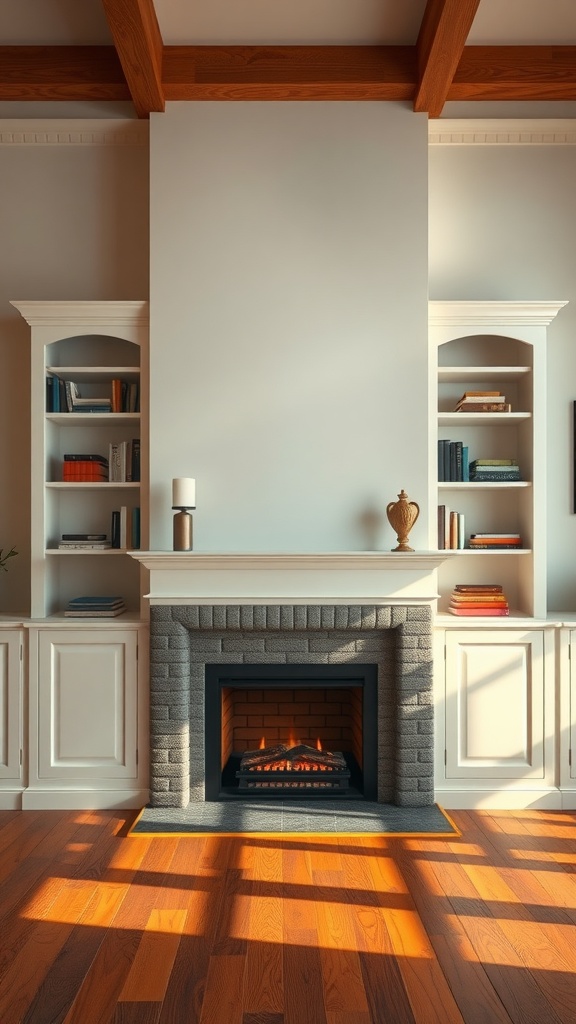 Cozy living room with built-in shelves surrounding a fireplace, showcasing decorative items and books.