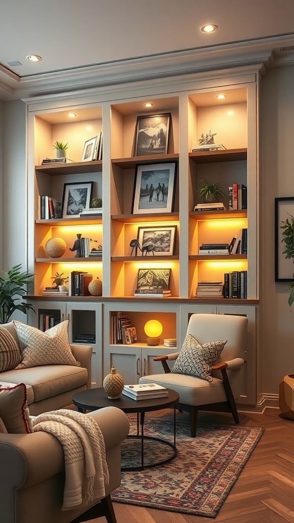 A cozy living room with built-in shelves illuminated by warm lighting, showcasing books and decor.