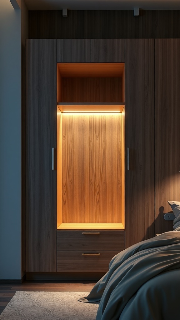 A modern wardrobe design with warm LED lighting, showcasing wooden finishes and a stylish appearance.