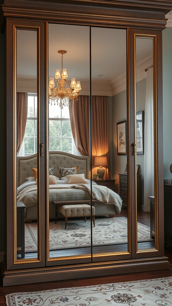 A stylish wardrobe with mirrored doors in a cozy bedroom setting.