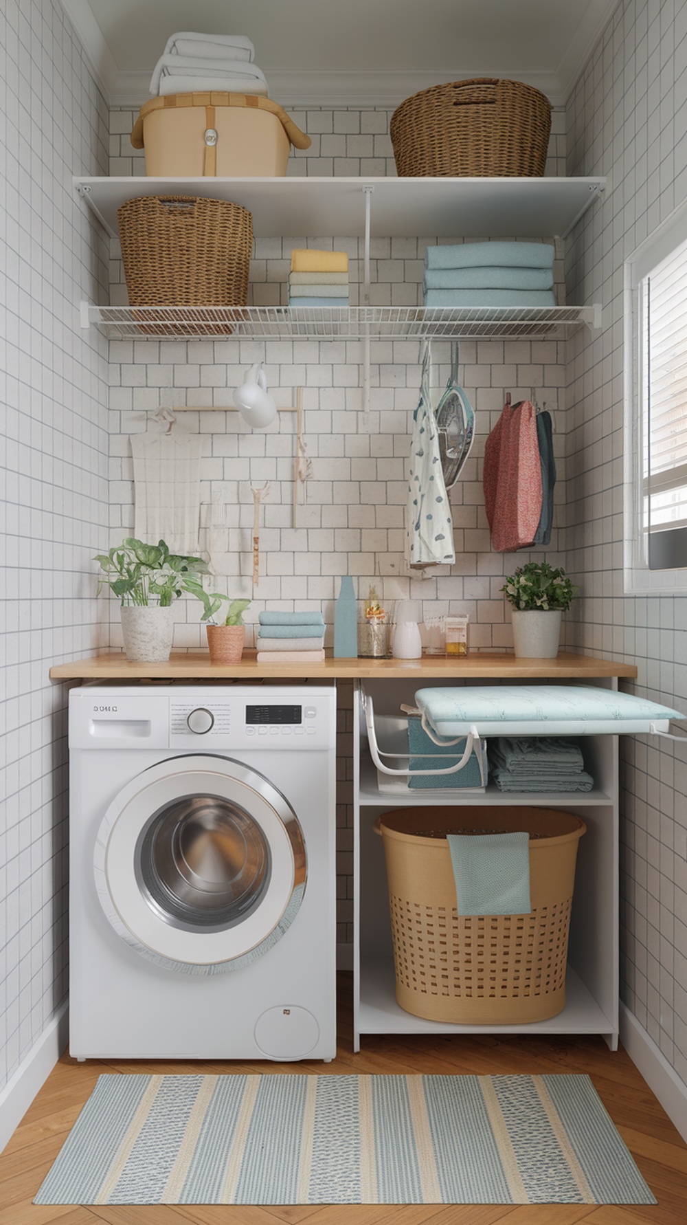 A small, organized laundry room featuring a washing machine, shelves, and baskets for storage.