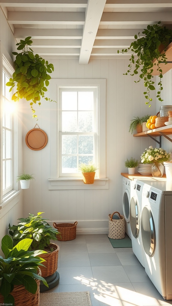 Bright farmhouse-style laundry room with plants and large windows