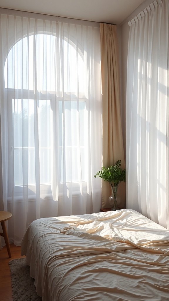A small bedroom with large windows covered by sheer curtains, allowing natural light to fill the space, creating a cozy atmosphere.