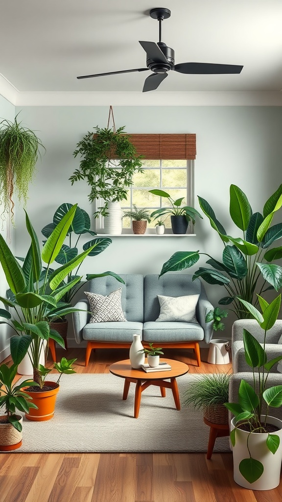 A Mid Century Modern Living Room featuring various indoor plants, showcasing a cozy seating arrangement and natural elements.