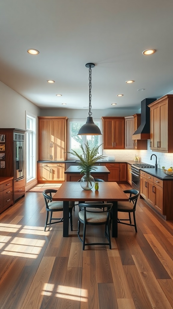 A modern kitchen featuring two-tone kitchen cabinets in warm wood tones and an open layout with a dining area.