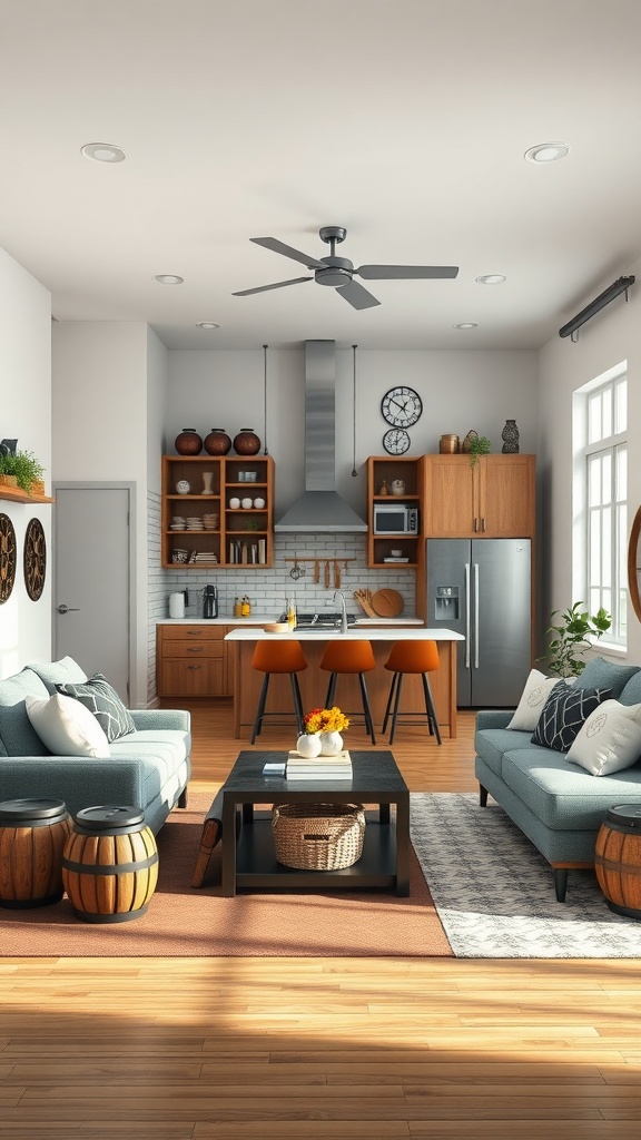 An open kitchen and living room with stylish furniture and decor.