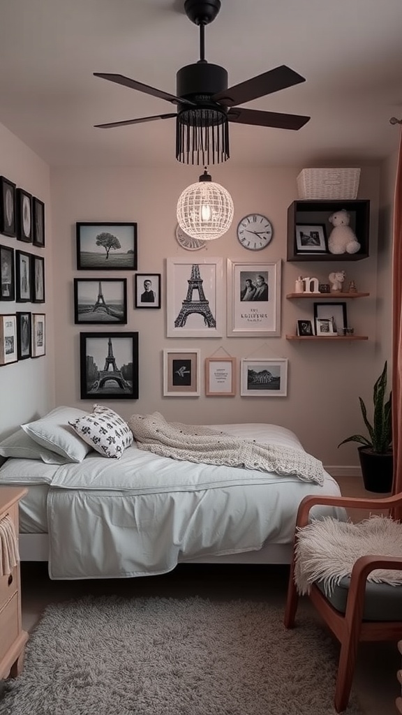 Cozy small bedroom with wall art, decorative elements, and a comfortable layout.