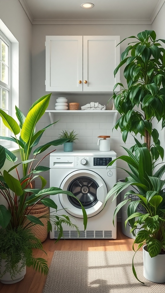 A bright and airy farmhouse laundry room with plants, white cabinets, and modern appliances.