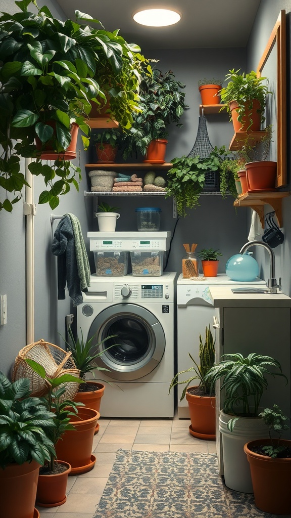 A small laundry room filled with various plants in pots, creating a fresh and inviting atmosphere.
