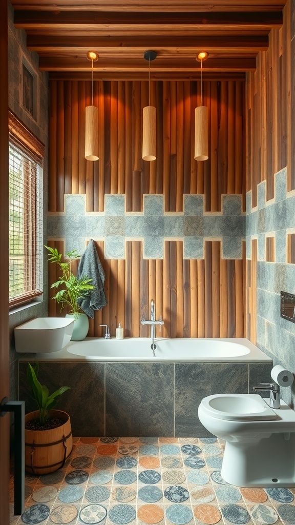 A modern bathroom featuring natural stone tiles, a plant, and minimalist design elements.
